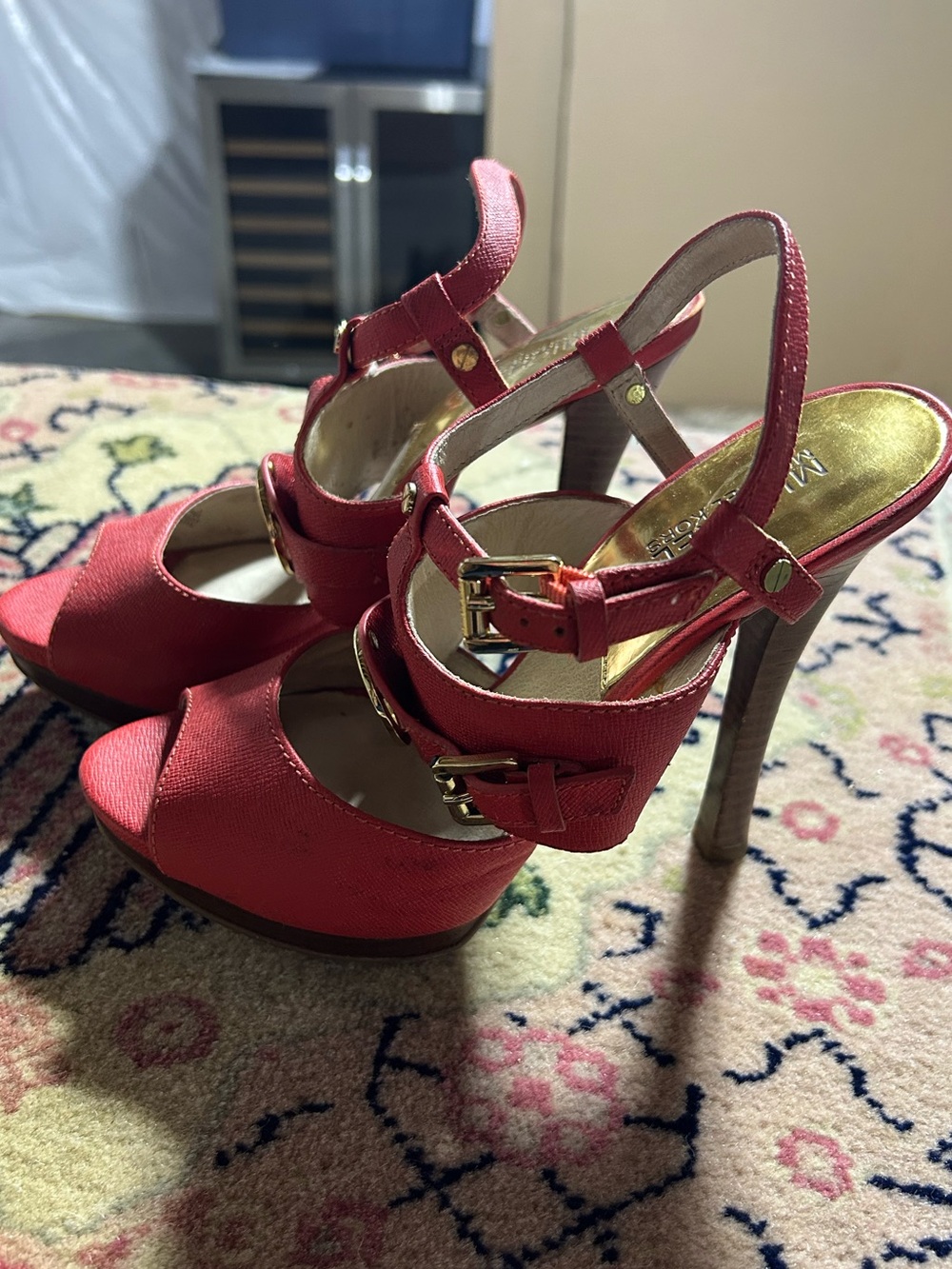 Michael Kors Red Peep-Toe Platform Heel Sandals with Gold Accents